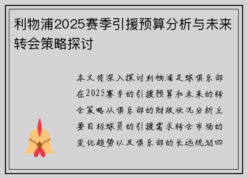 利物浦2025赛季引援预算分析与未来转会策略探讨